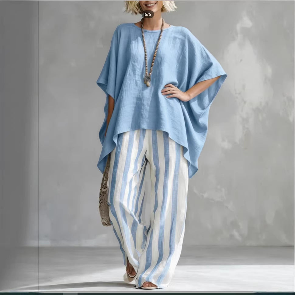 Women’s striped batwing-sleeve linen two-piece set by FitiqueFit, casualwear with loose fit and relaxed style, shown on a model.