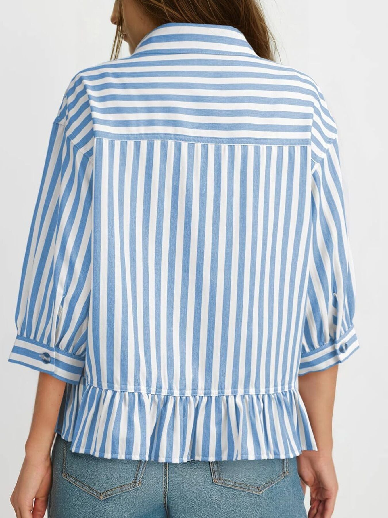 Women's striped button-down blouse with ruffled hem, lightweight viscose fabric, stylish and casual for everyday wear.