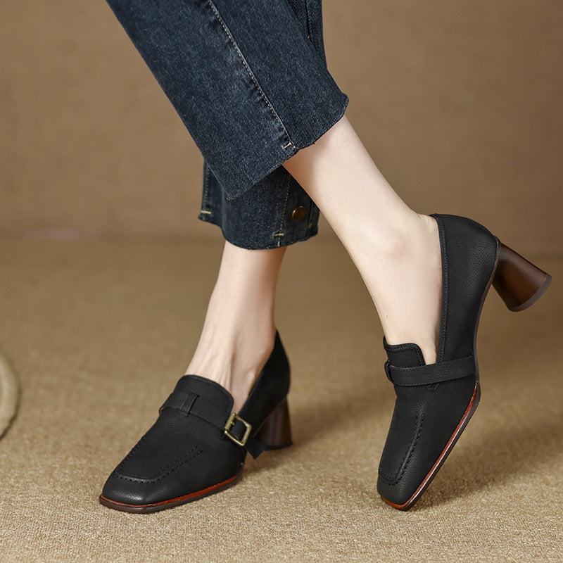 Women's retro British style chunky heel leather shoes with round toe, ideal for commuting, by Plush Fashion Hub.