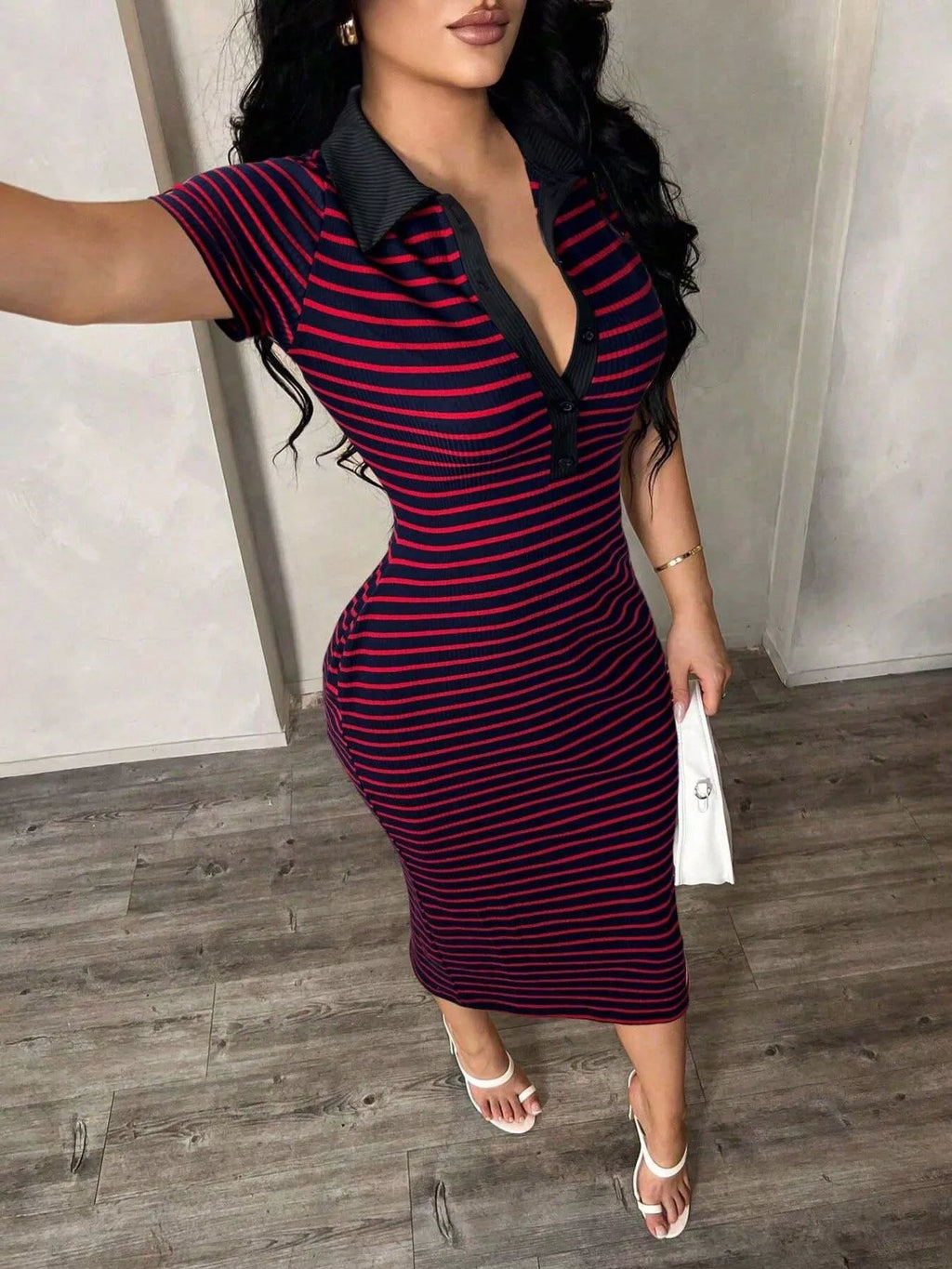 Striped polo collar midi dress by Shopimist featuring a fitted silhouette and classic design, shown on a model.