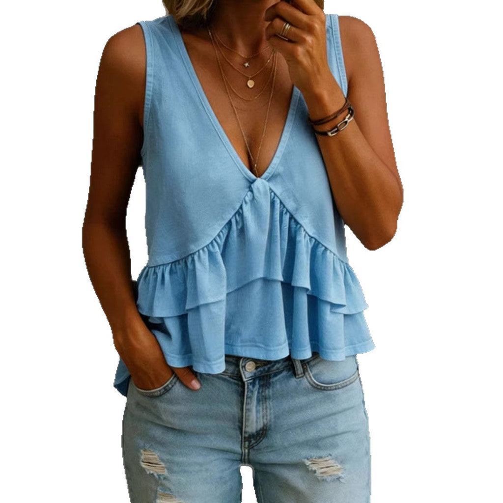 Women's solid-colored V-neck sleeveless top with ruffled accents, ideal for spring and summer, by LadyShow. Store.