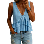 Women's solid-colored V-neck sleeveless top with ruffled accents, ideal for spring and summer, by LadyShow. Store.