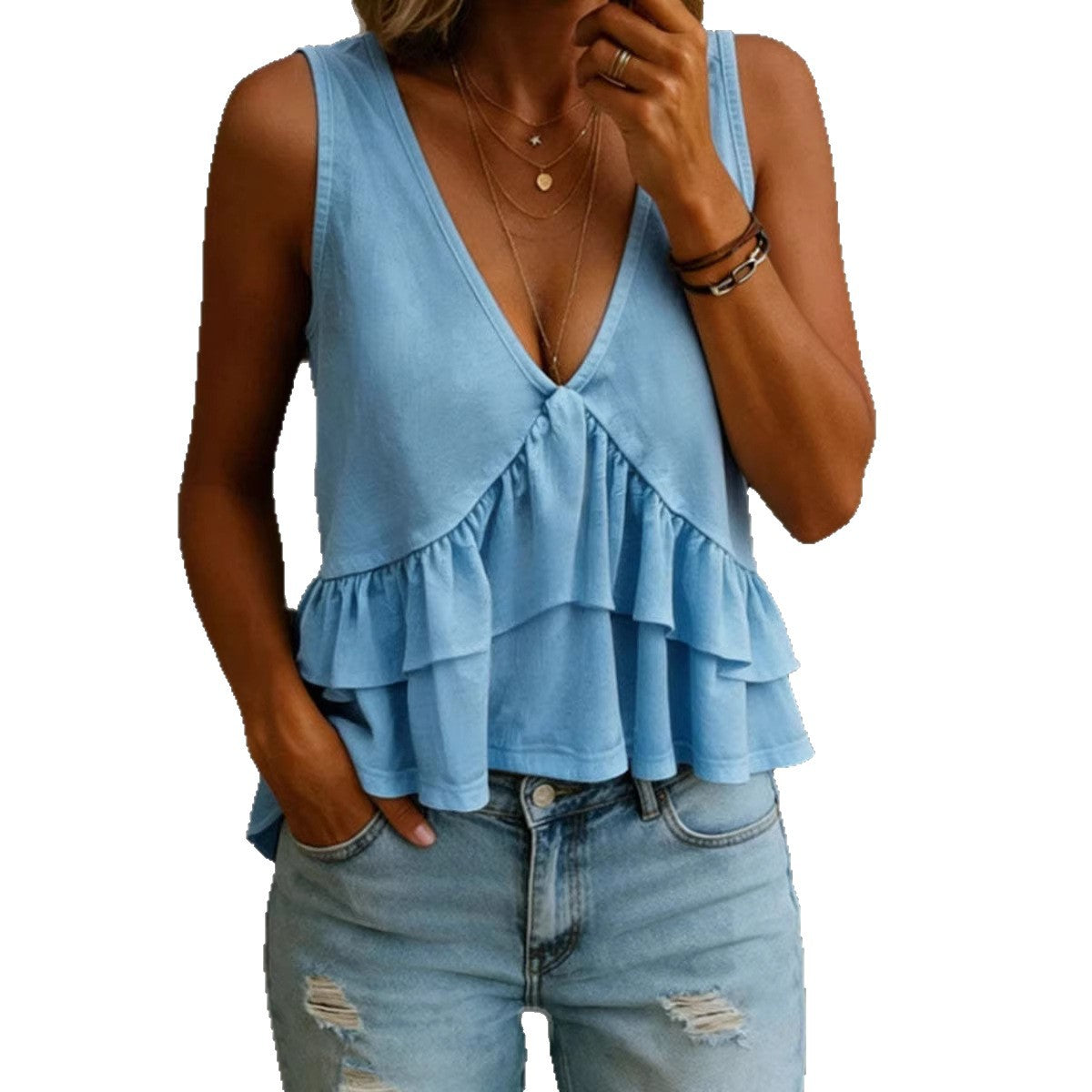 Women's solid-colored V-neck sleeveless top with ruffled accents, ideal for spring and summer, by LadyShow. Store.