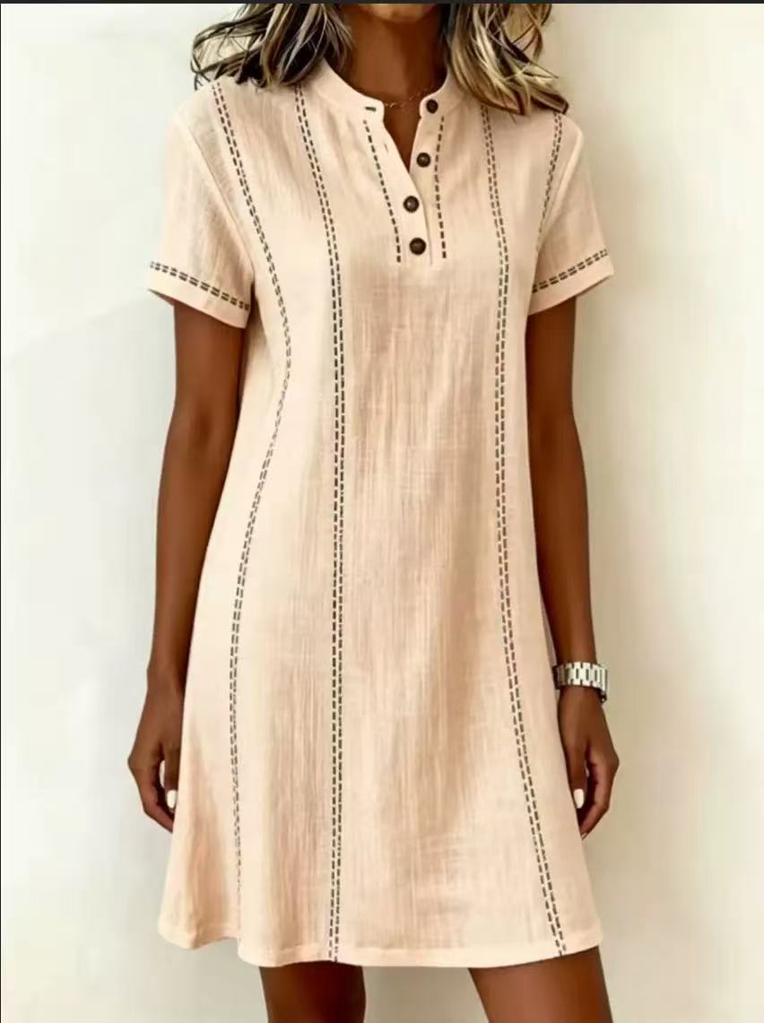 Women's printed button-up midi dress with stand collar, 3/4 sleeves, loose fit from Plush Fashion Hub.