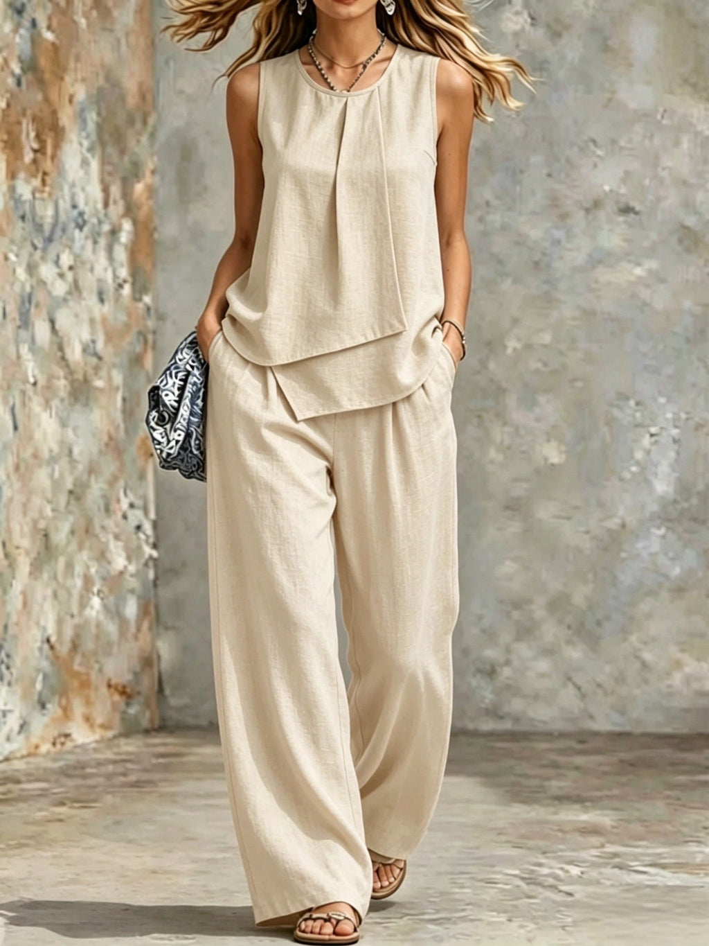 Women's sleeveless two-piece set by FitiqueFit featuring solid color wide-leg pants and matching sleeveless top.