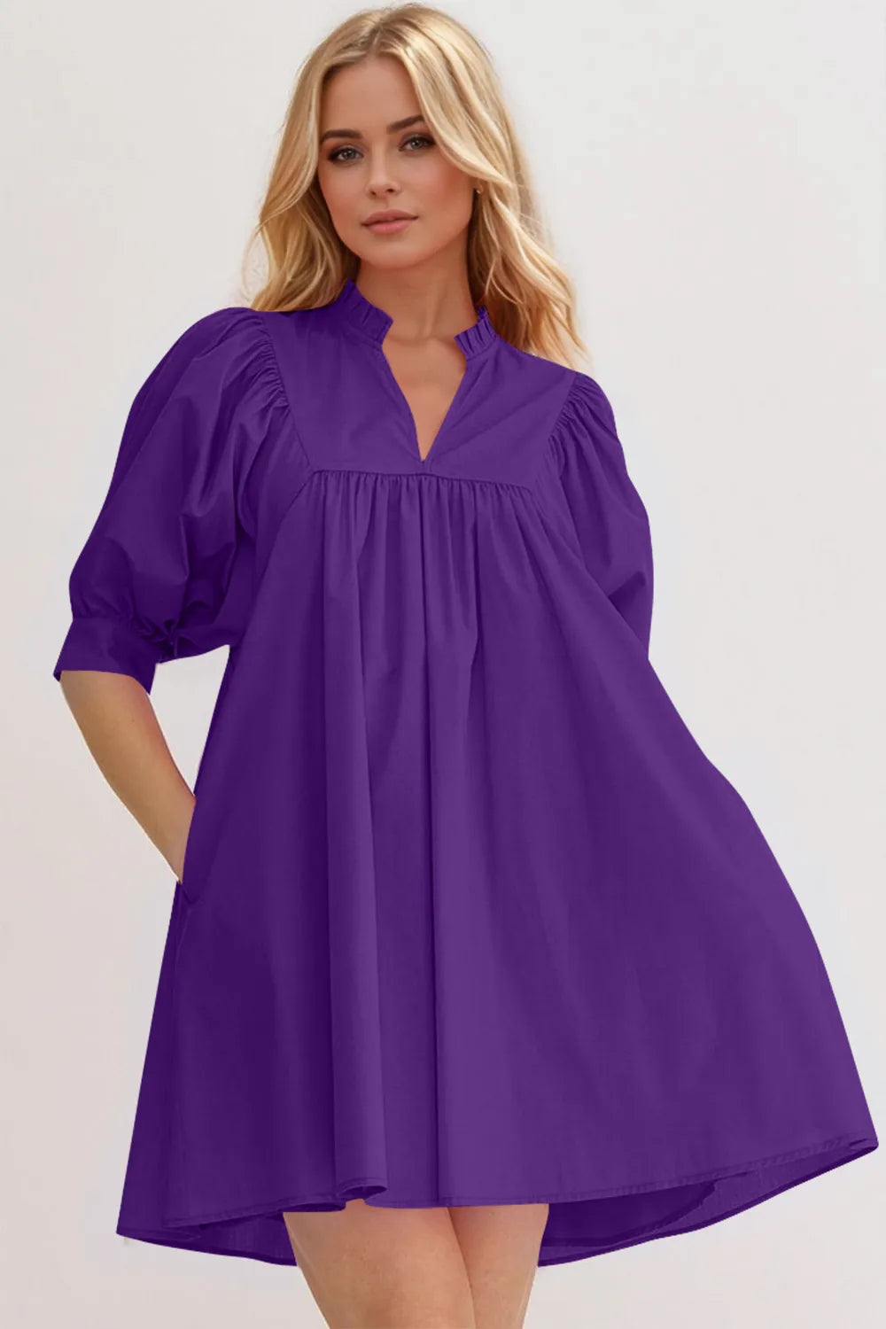 Women’s cotton babydoll mini dress with puff sleeves, notched neckline, and pockets, stylish Trendsi dress for casual wear
