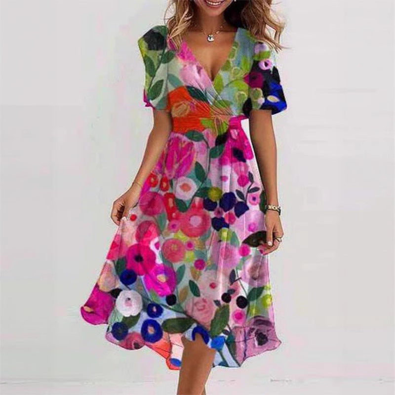 Floral print FitiqueFit A-line dress with V-neck, short sleeves, and midi length, showcasing a vibrant floral pattern and flowing fabric.