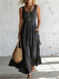 Women's cotton linen sleeveless loose maxi dress by FitiqueFit, casualwear, flowing design with a relaxed fit and elegant length.