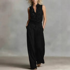 Women’s linen blend two-piece casualwear set by FitiqueFit, sleeveless shirt and wide-leg pants, light and breathable fabric.