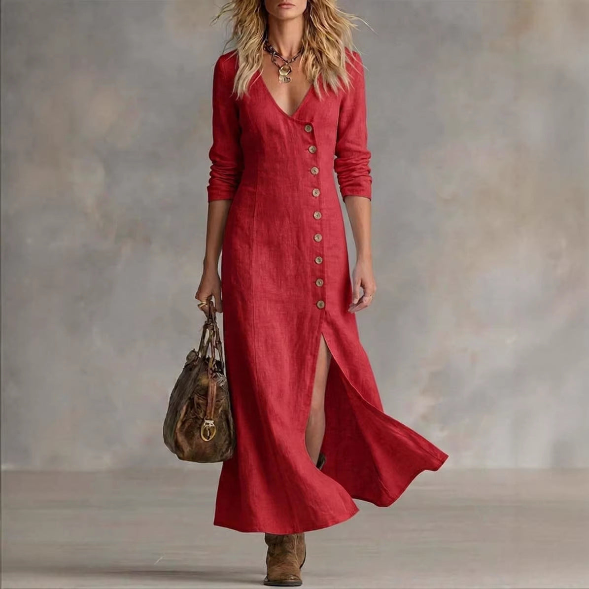 Casual cotton linen long sleeve women's dress by FitiqueFit, featuring a relaxed fit and natural fabric for comfortable everyday wear.