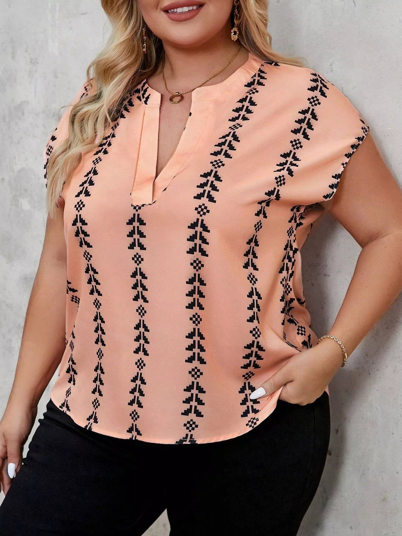 Plus size notched short sleeve blouse by Shopimist, featuring a stylish design and comfortable fit, shown in a close-up image.
