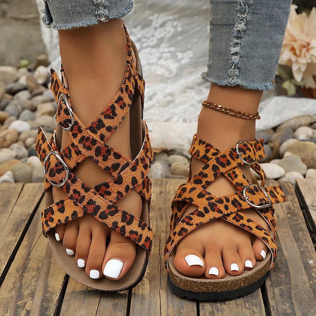 Leopard buckle platform sandals by Shopimist featuring a chunky heel, leopard print straps, and adjustable buckle closure.