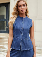 Button-front denim vest top from Trendsi, featuring a classic blue denim fabric and sleeveless design, laid flat for display.