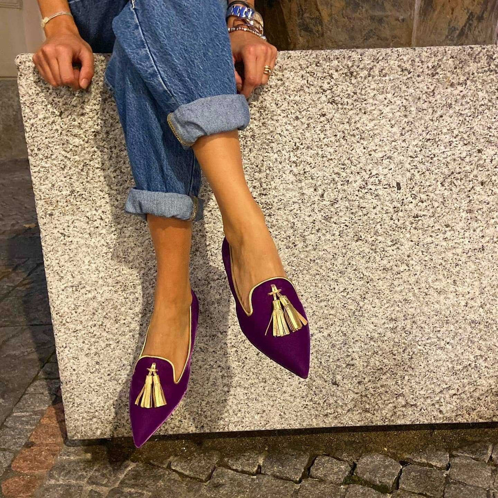 Women's suede pointed toe tassel flats with low heel, casual footwear from Plush Fashion Hub, featuring a shallow mouth design.