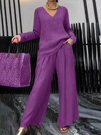 Solid color long sleeve top and pants two-piece travel set by Plush Fashion Hub, casual and comfortable for travel wear.