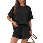 Plush Fashion Hub oversized casual T-shirt and drawstring shorts set in soft fabric, perfect for relaxed everyday wear.