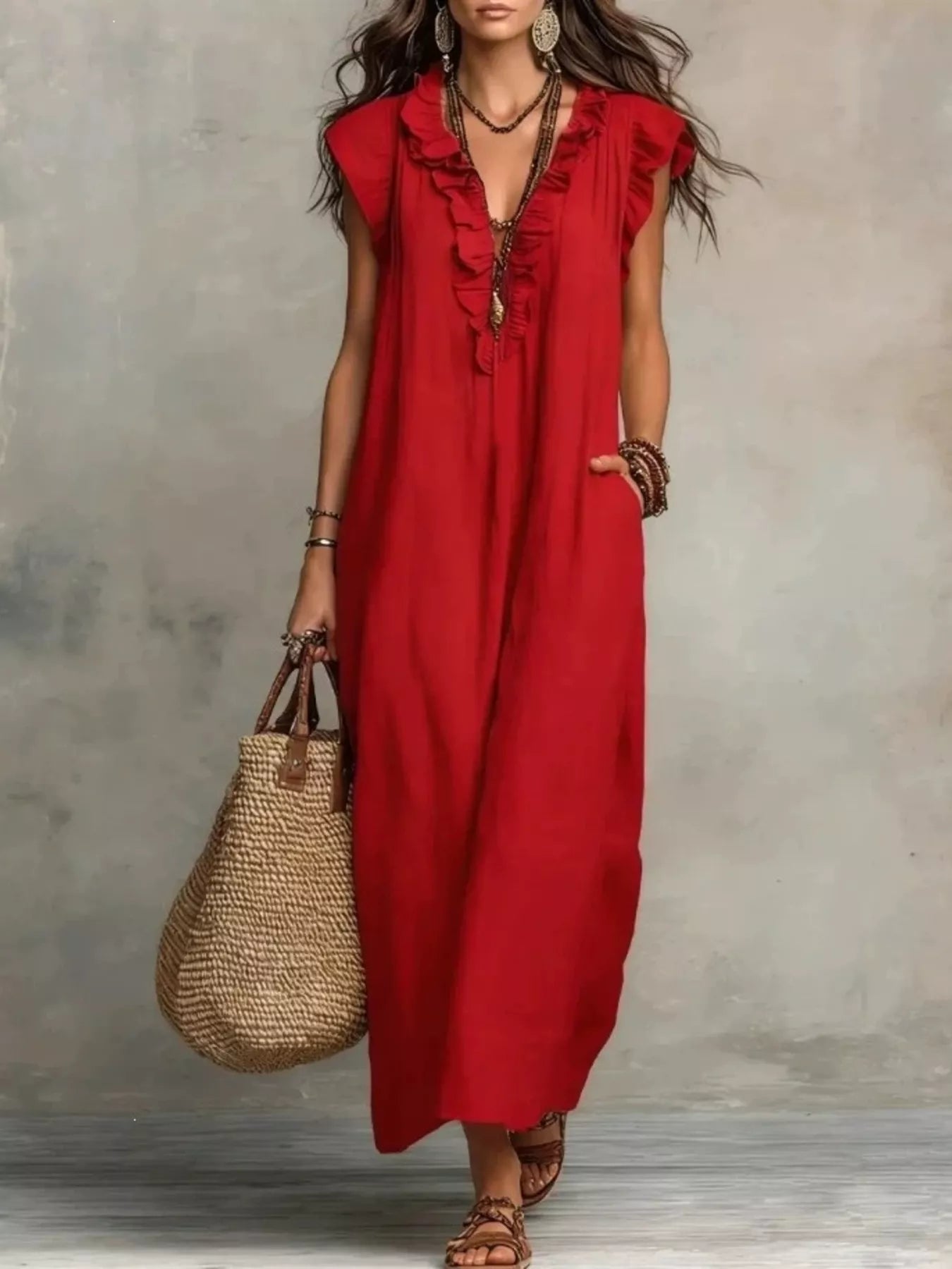 Full size ruffled V-neck cap sleeve maxi dress by Plush Fashion Hub, featuring a flowing silhouette and elegant design.