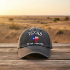 Adjustable Texas Lone Star embroidered vintage washed baseball cap by FitiqueFit, unisex hat with distressed finish and classic design.
