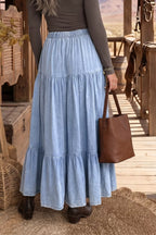 Elastic Waist Ruffled Tiered Flared Denim Maxi Skirt