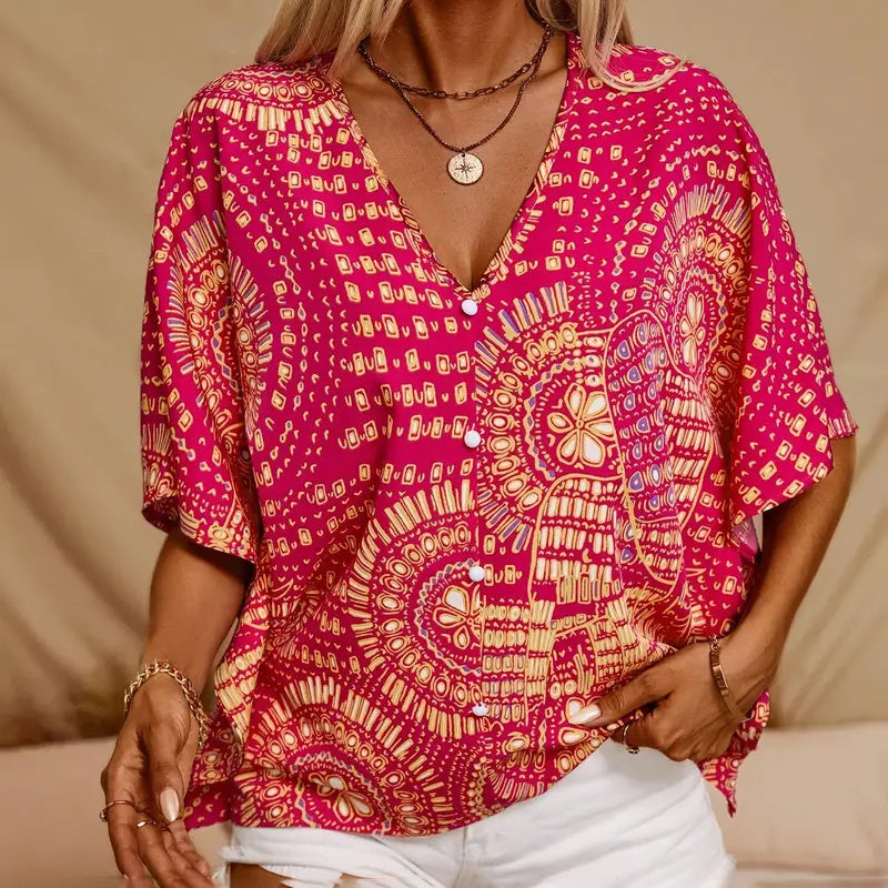 Mandala print V-neck blouse by Plush Fashion Hub, casual vacation top with relaxed fit and vibrant pattern, perfect for summer wear.