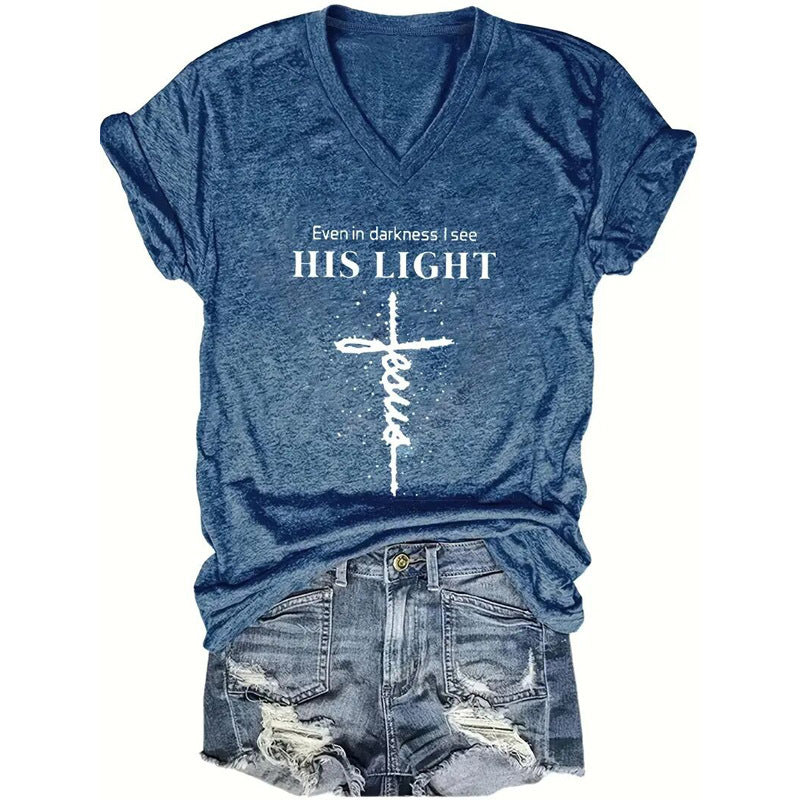 Women's FitiqueFit V-neck T-shirt with geometric cross design, casual short sleeve top, perfect for summer wear