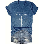 Women's FitiqueFit V-neck T-shirt with geometric cross design, casual short sleeve top, perfect for summer wear