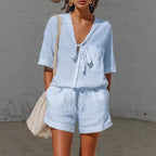 Women's lace-up short-sleeve shirt and loose shorts set by Plush Fashion Hub, casual summer co-ord outfit, light and comfortable.