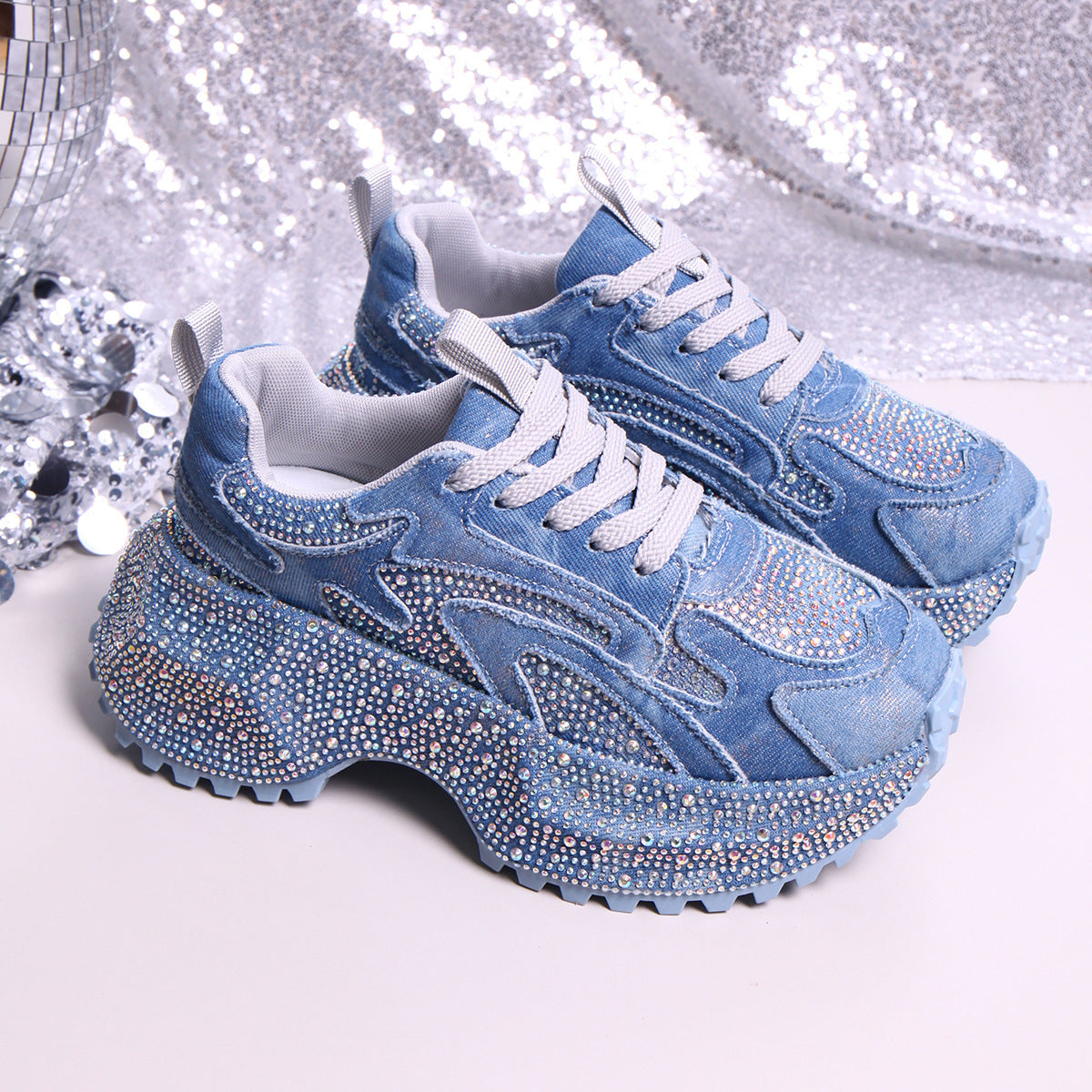 Rhinestone lace-up sneaker sandals with decorative rhinestones and casual design from Plush Fashion Hub.