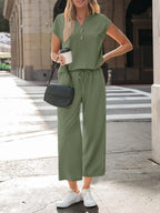 Women's short sleeve lounge set with notched neckline and pockets, 2-piece casual sleepwear by Trendsi, shown in comfortable fabric