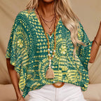 FitiqueFit mandala print V-neck blouse featuring casual relaxed fit and colorful bohemian design, perfect for vacation or casual wear.