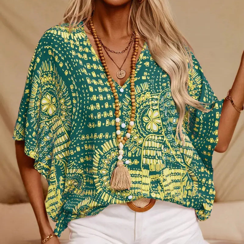 FitiqueFit mandala print V-neck blouse featuring casual relaxed fit and colorful bohemian design, perfect for vacation or casual wear.