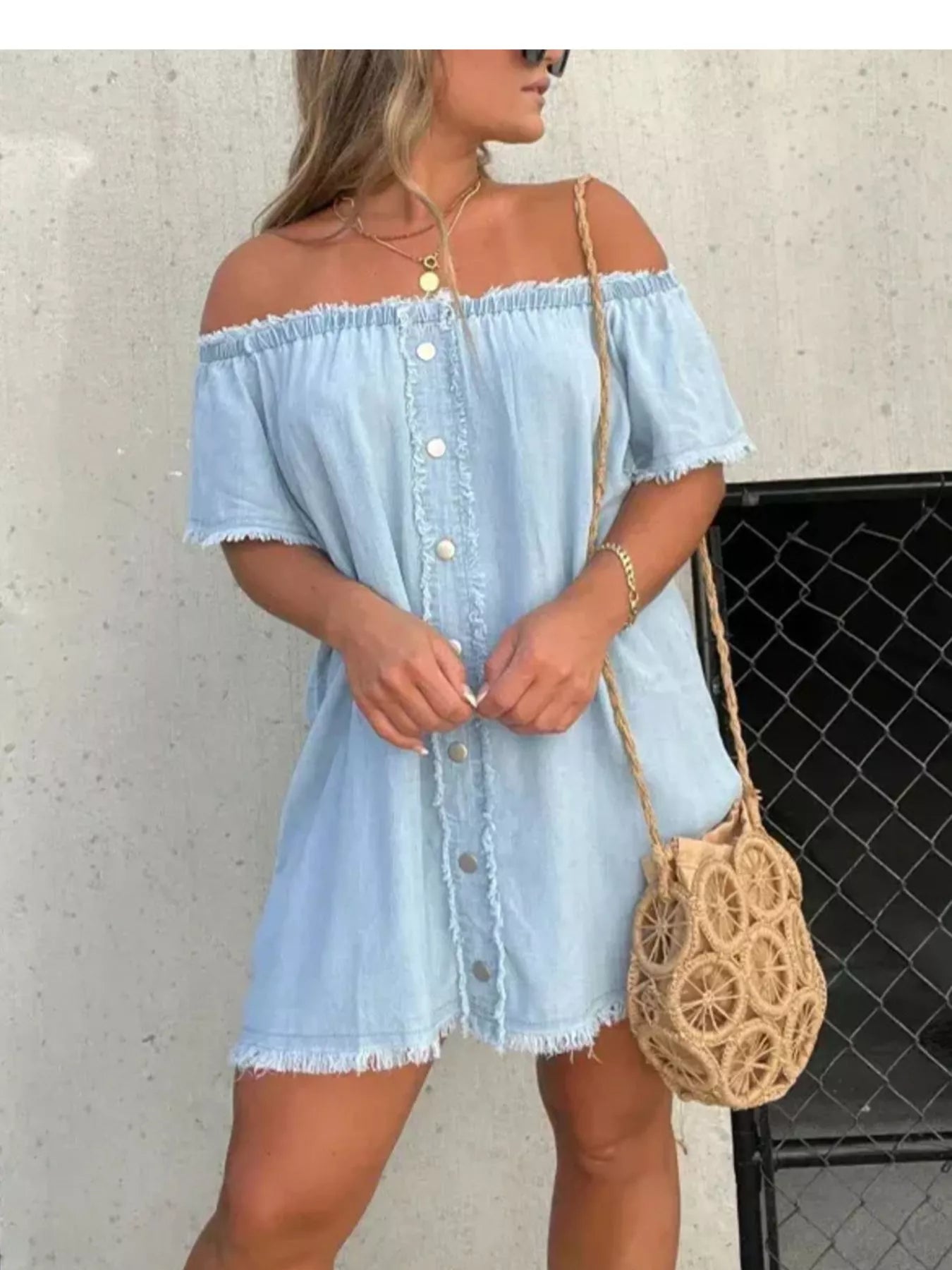 Plus size off-shoulder denim dress with frayed hem and button-down front, stylish trendy dress by Trendsi.