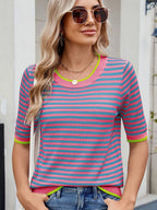 Striped casual T-shirt with contrast trim from Trendsi, featuring a relaxed fit and stylish design in a close-up image.