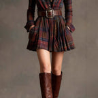 Women's plaid long sleeve mini dress by FitiqueFit featuring a belted waist and elegant casualwear style.