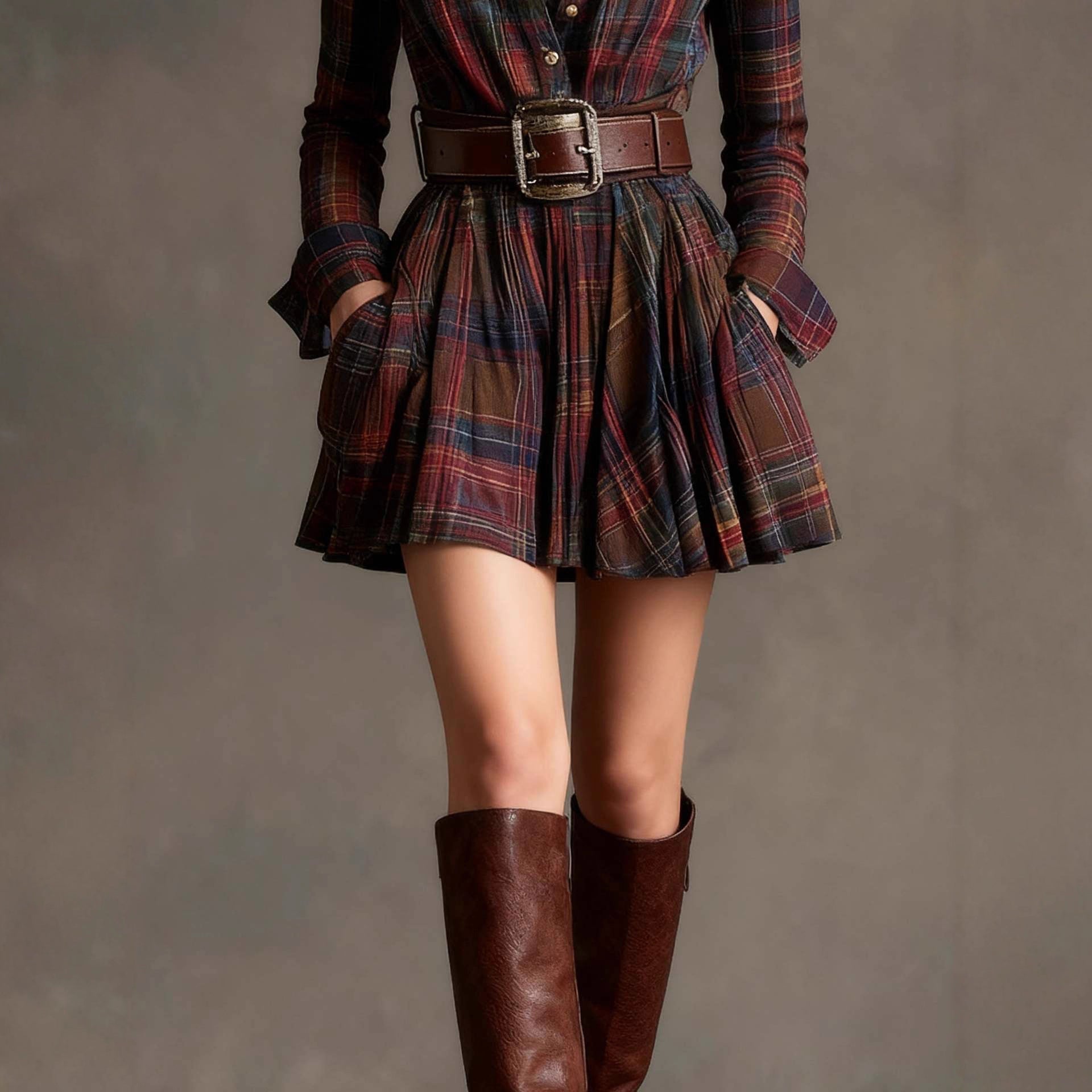 Women's plaid long sleeve mini dress by FitiqueFit featuring a belted waist and elegant casualwear style.