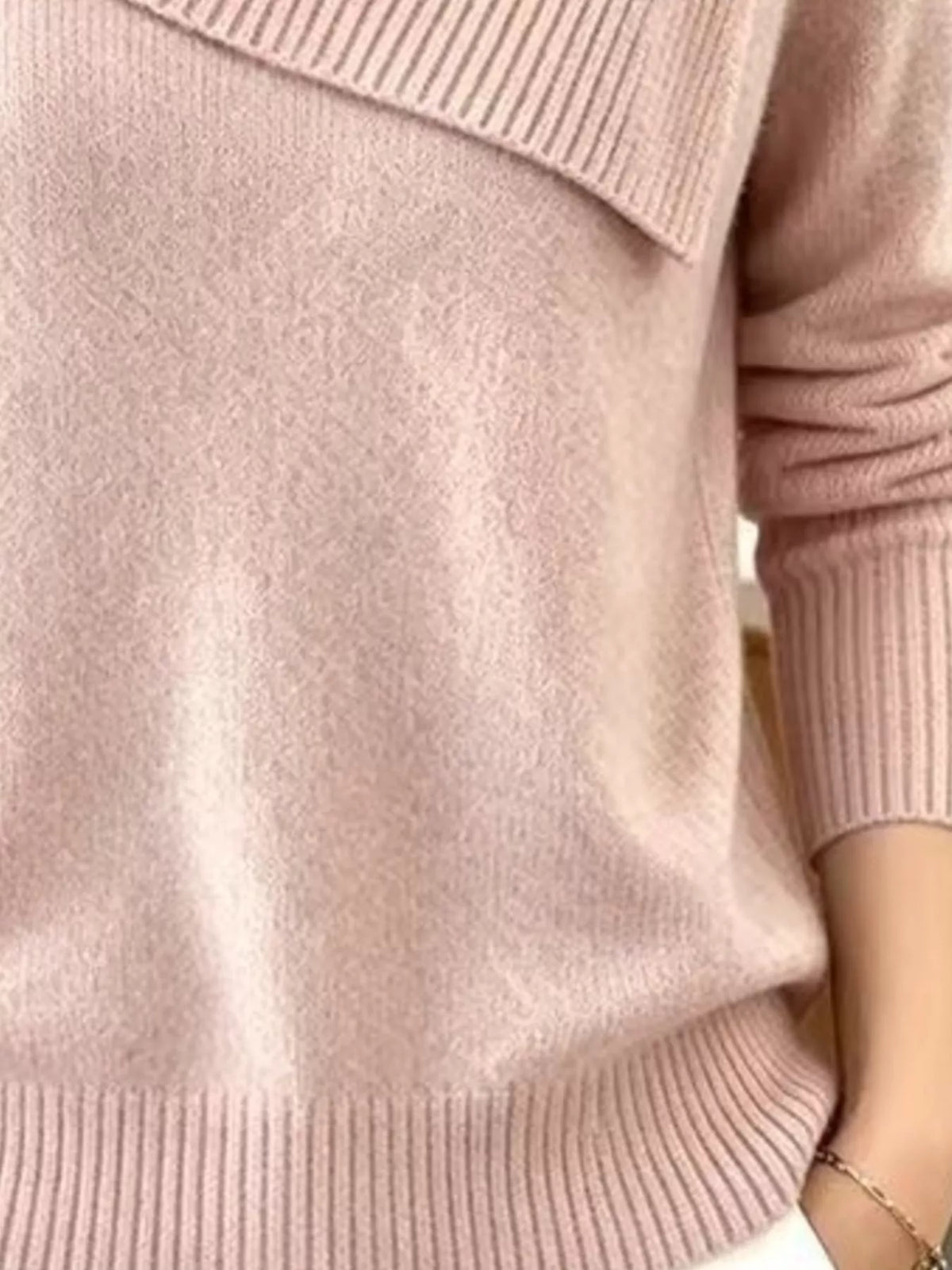 Plus size full size ribbed collar sweater with asymmetric design, featuring cozy knit texture and trendy style from Trendsi.
