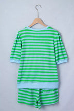 Stripe Colorblock Detail Puff Sleeve Top Drawstring Shorts 2pcs Outfit
