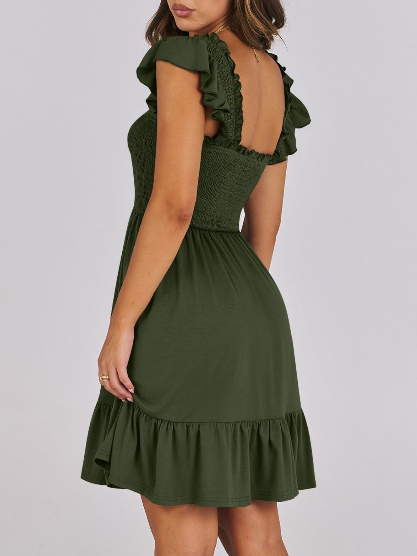Women's smocked ruffle hem mini dress by Trendsi, casual lightweight summer dress with a flowy silhouette and ruffle details.