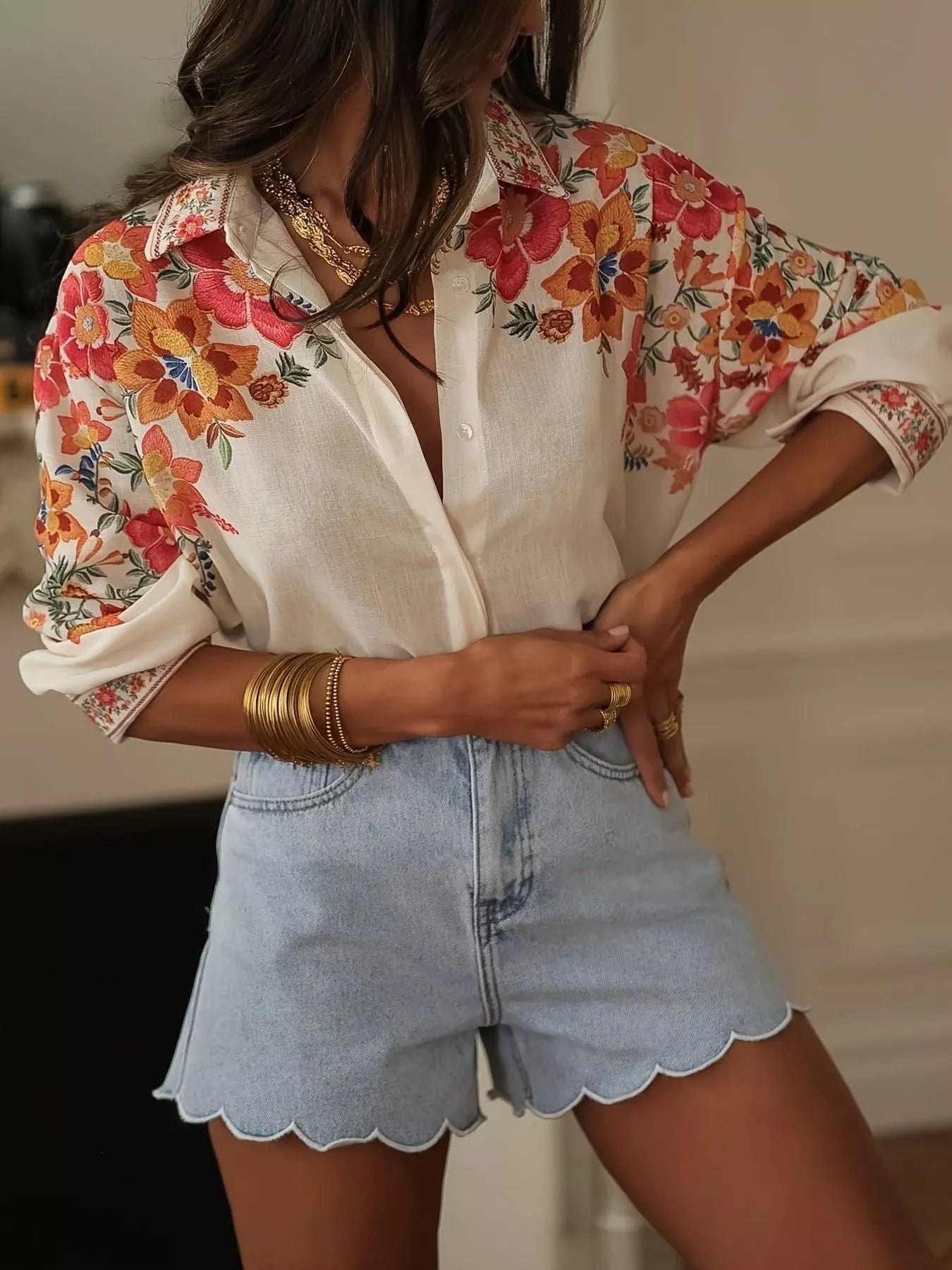 Shopimist floral print button-up shirt featuring vibrant colorful flowers on lightweight fabric, perfect for casual wear.