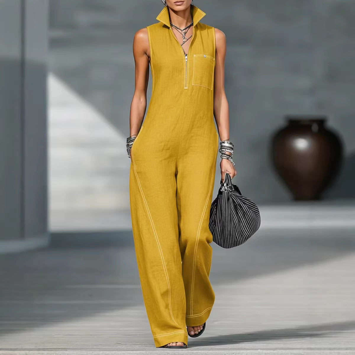 Women's sleeveless summer jumpsuit with stand-up collar and pockets, casual style from Plush Fashion Hub.
