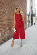 Women's FitiqueFit belted V-neck short sleeve jumpsuit in straight-leg style, available in six colors, size S to 2XL.