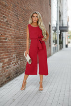Women's FitiqueFit belted V-neck short sleeve jumpsuit in straight-leg style, available in six colors, size S to 2XL.