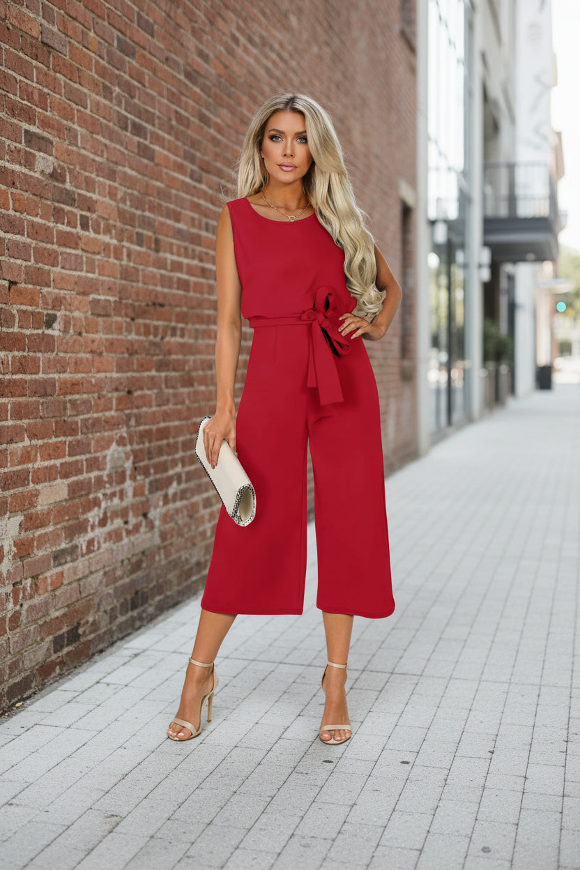 Women's FitiqueFit belted V-neck short sleeve jumpsuit in straight-leg style, available in six colors, size S to 2XL.