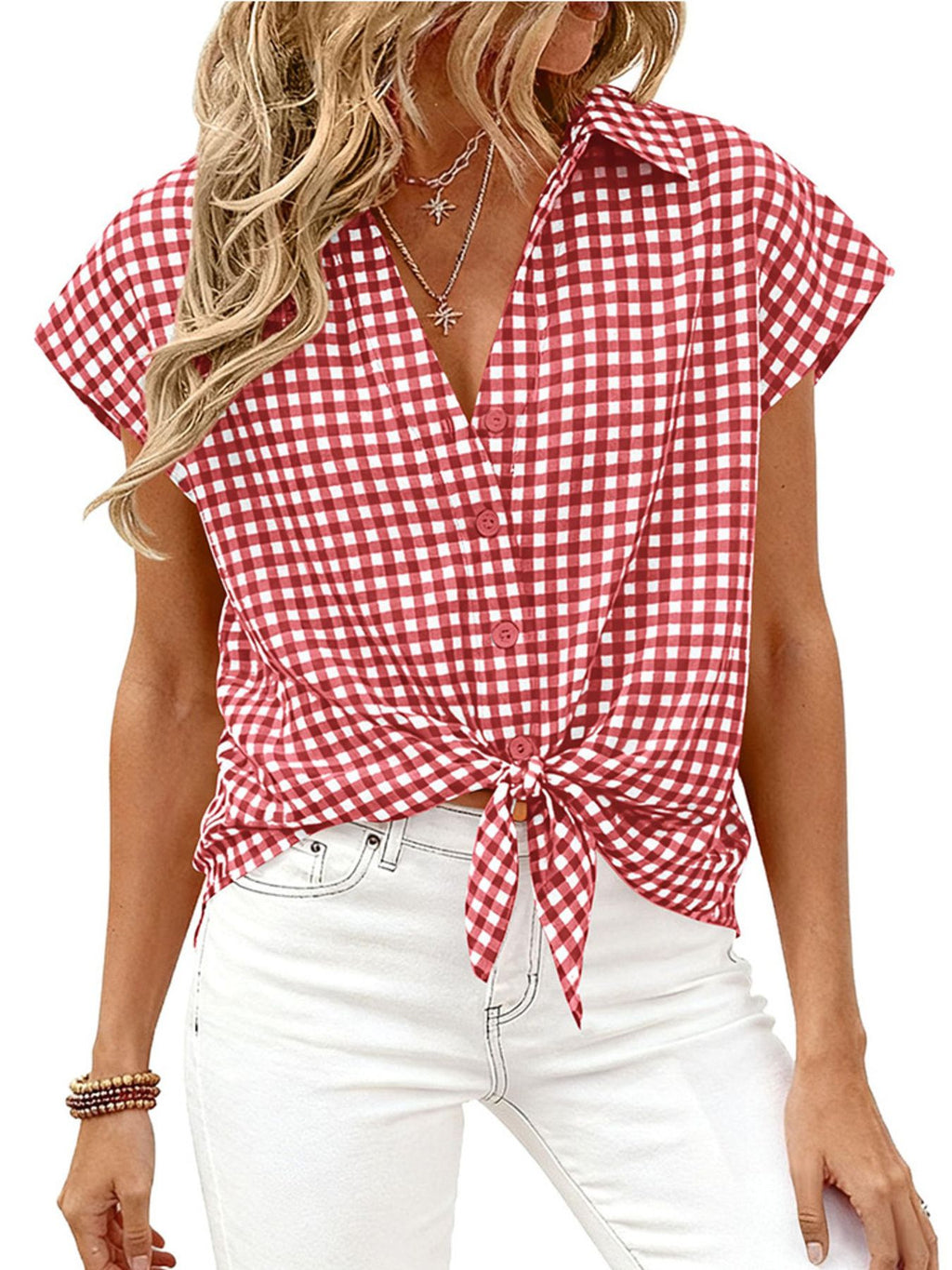 Women's gingham print button-down shirt with tie detail, casual trendy shirt from Trendsi, featuring a classic gingham pattern.