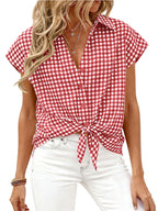 Women's gingham print button-down shirt with tie detail, casual trendy shirt from Trendsi, featuring a classic gingham pattern.