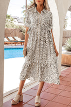Women's leopard print button-down midi dress by Trendsi, casual chic viscose blend with long sleeves and a stylish V-neck design.