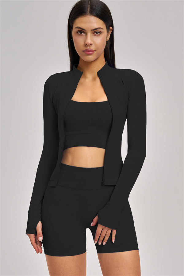 Fitglutes Activewear The Vision Jacket sports bra and shorts 3-piece set, featuring a stylish jacket, supportive sports bra, and matching shorts.