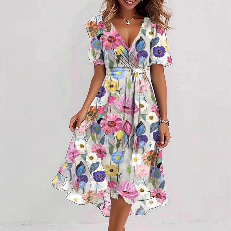Floral print V-neck A-line dress with short sleeves, midi length, by FitiqueFit, displayed on a mannequin.