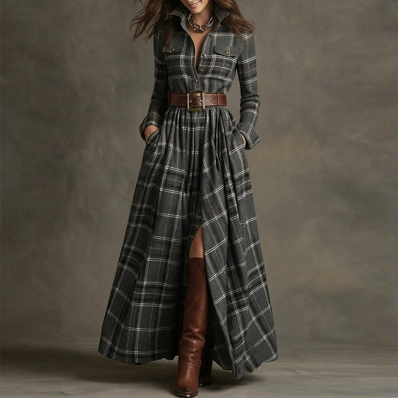 Women's printed lapel slim-fit dress by Plush Fashion Hub, casualwear with elegant design and comfortable fit.