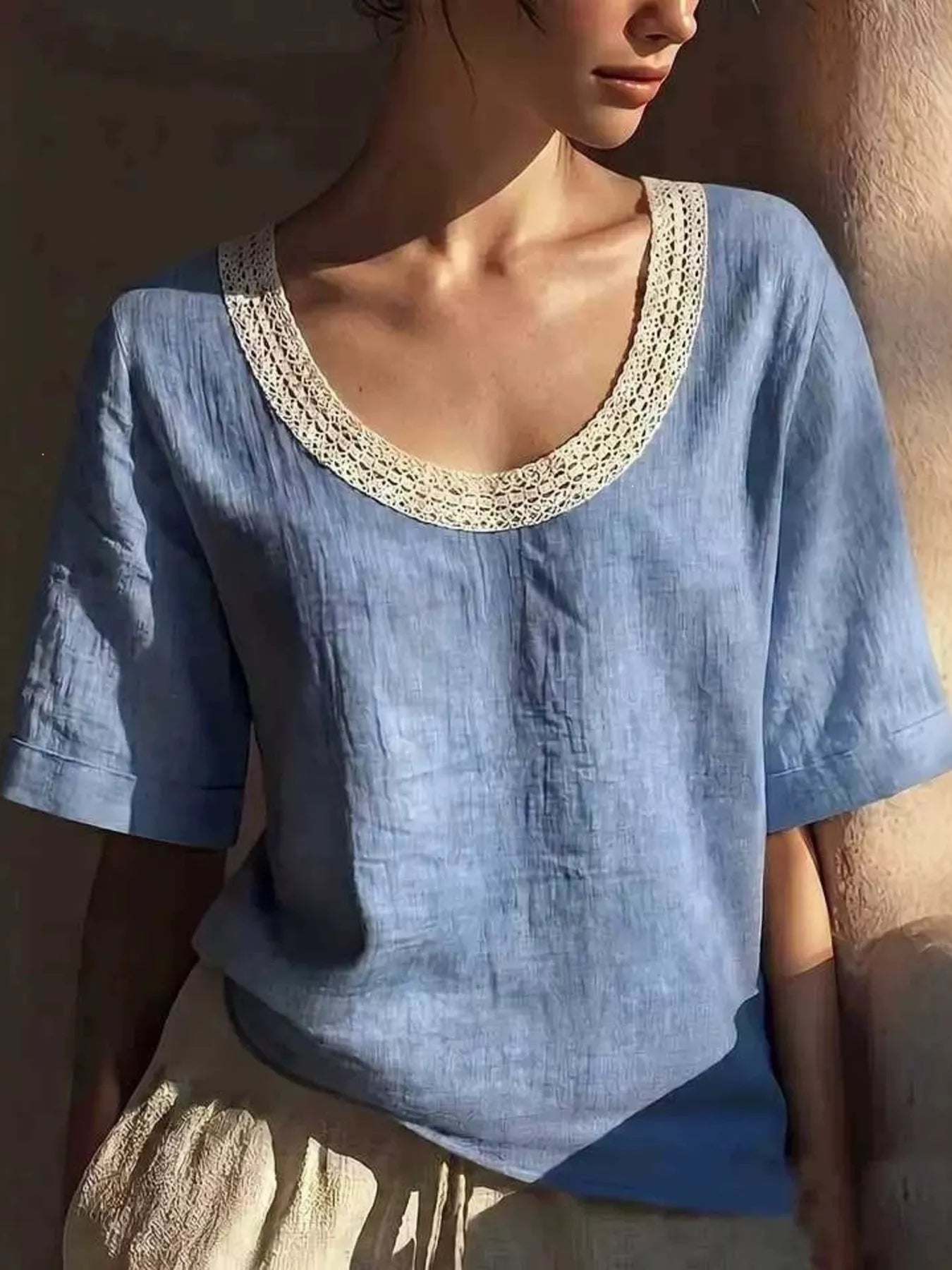 Plus size full lace trim short sleeve blouse from Plush Fashion Hub, featuring delicate lace details and comfortable fit.